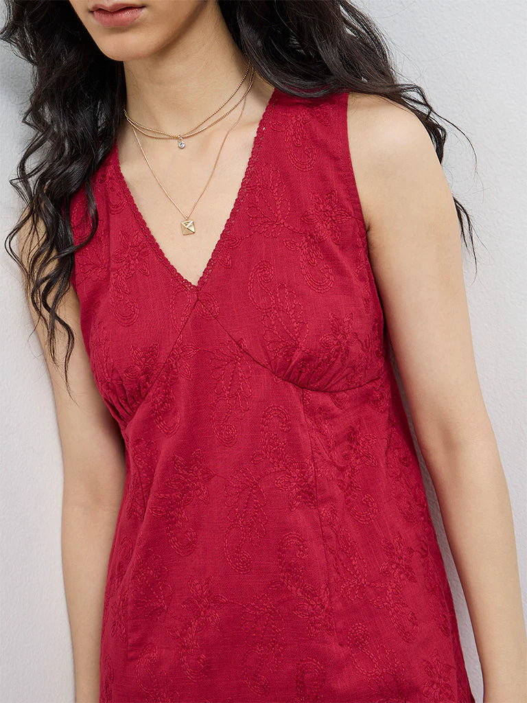 Bombay Paisley Red Floral Embroidered Cotton Straight Dress