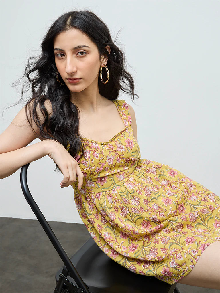 Bombay Paisley Yellow Floral Cotton A-Line Dress