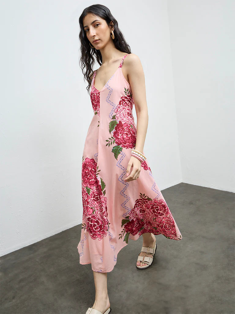 Bombay Paisley Peach Floral Cotton A-Line Dress