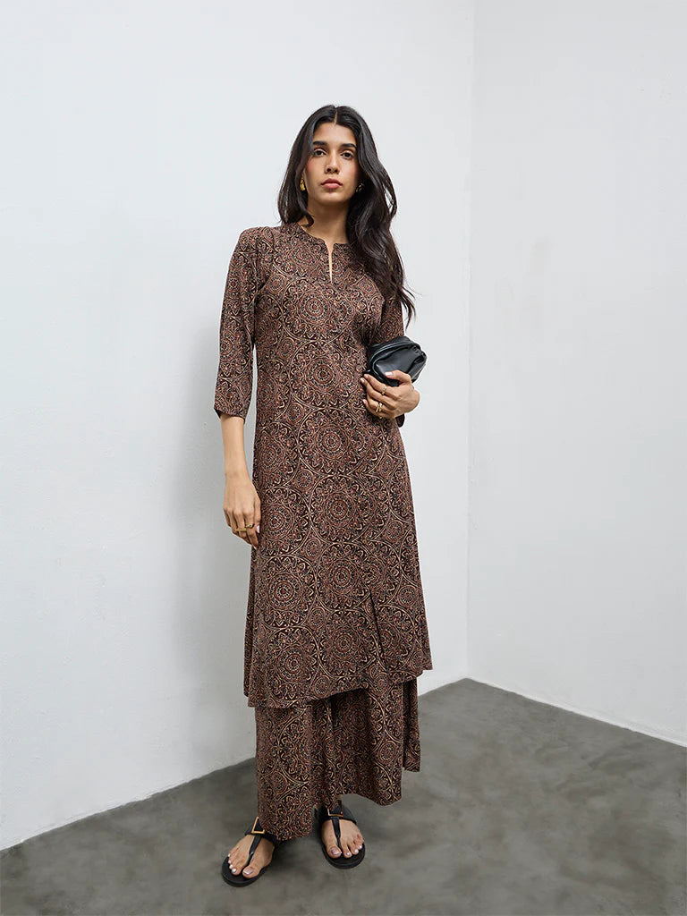 Utsa Dark Brown Printed A-Line Kurta