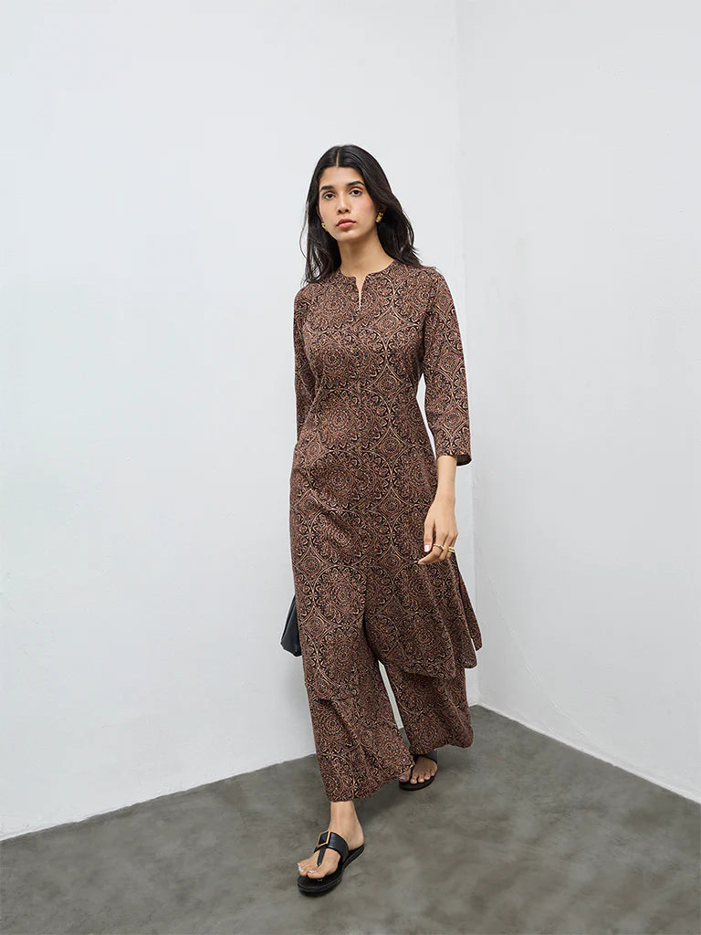 Utsa Dark Brown Printed A-Line Kurta