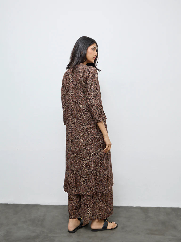 Utsa Dark Brown Printed A-Line Kurta