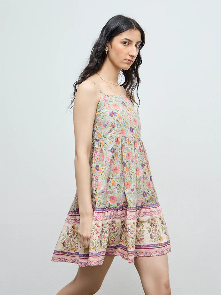 Bombay Paisley Multicolour Foliage Pattern Cotton A-Line Dress