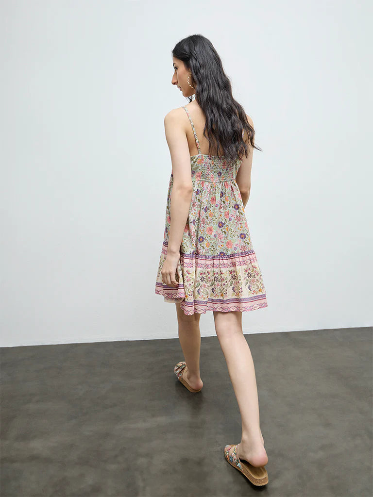 Bombay Paisley Multicolour Foliage Pattern Cotton A-Line Dress