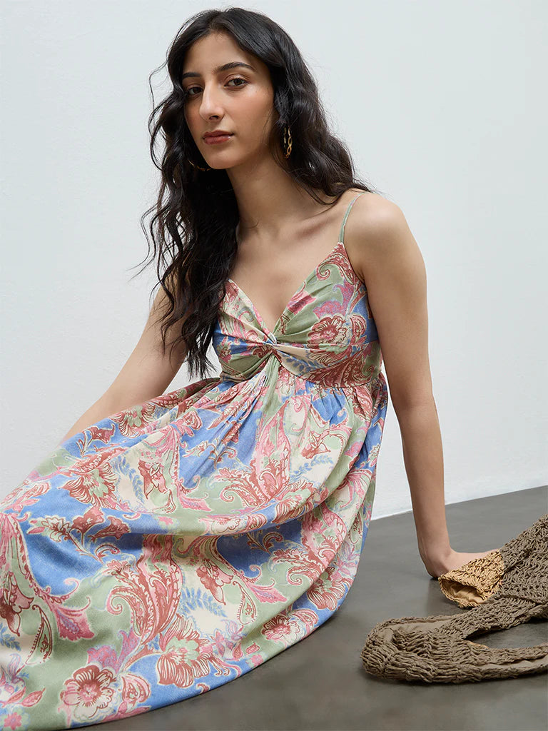 Bombay Paisley Multicolour Foliage Printed Cotton A-Line Dress