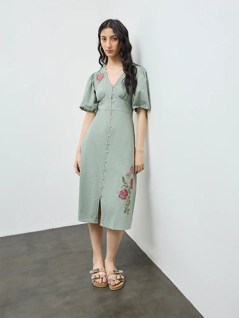 Bombay Paisley Sage Floral Embroidered Cotton A-Line Dress