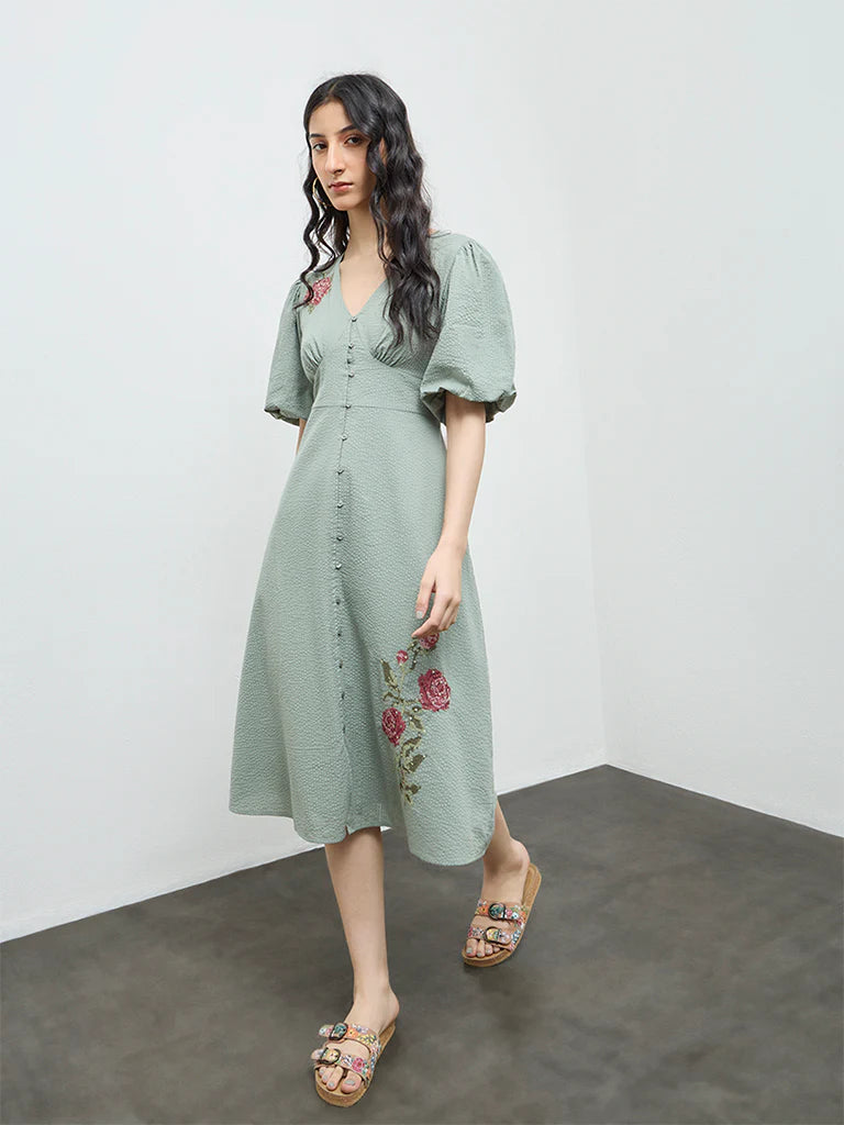 Bombay Paisley Sage Floral Embroidered Cotton A-Line Dress
