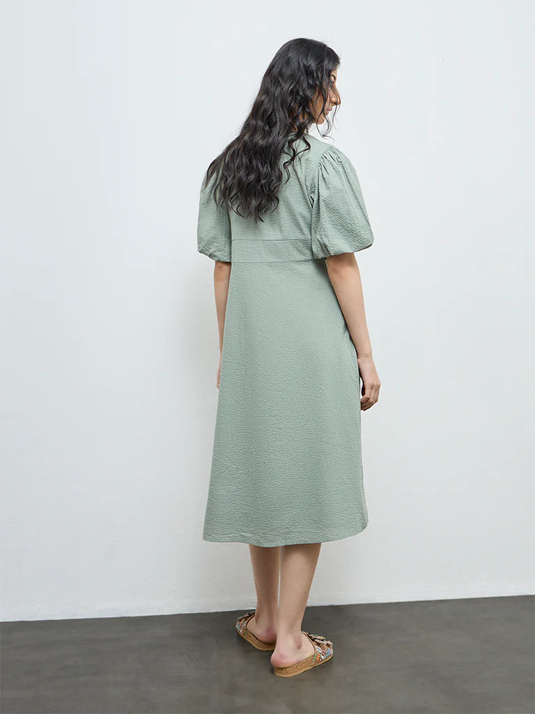 Bombay Paisley Sage Floral Embroidered Cotton A-Line Dress