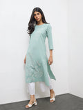 Utsa Aqua Floral Embroidered Cotton-Blend A-Line Kurta
