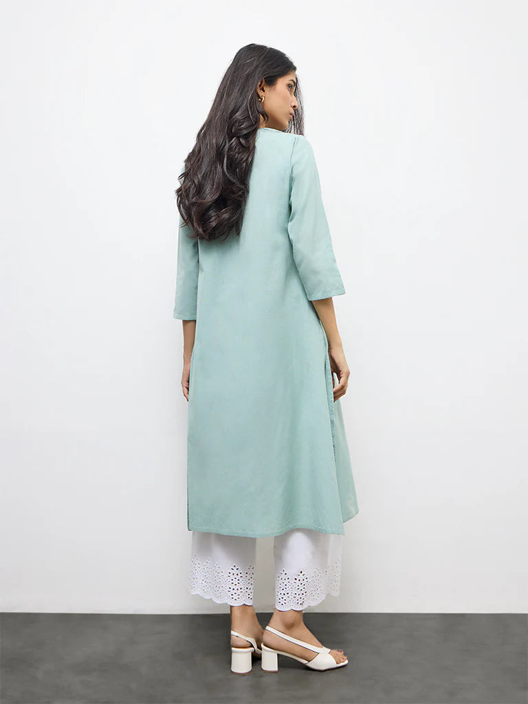 Utsa Aqua Floral Embroidered Cotton-Blend A-Line Kurta
