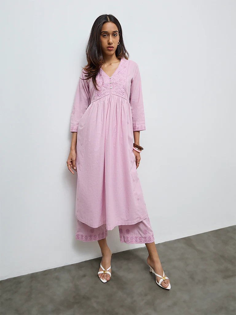 Utsa Pink Floral Embroidered Cotton A-Line Kurta