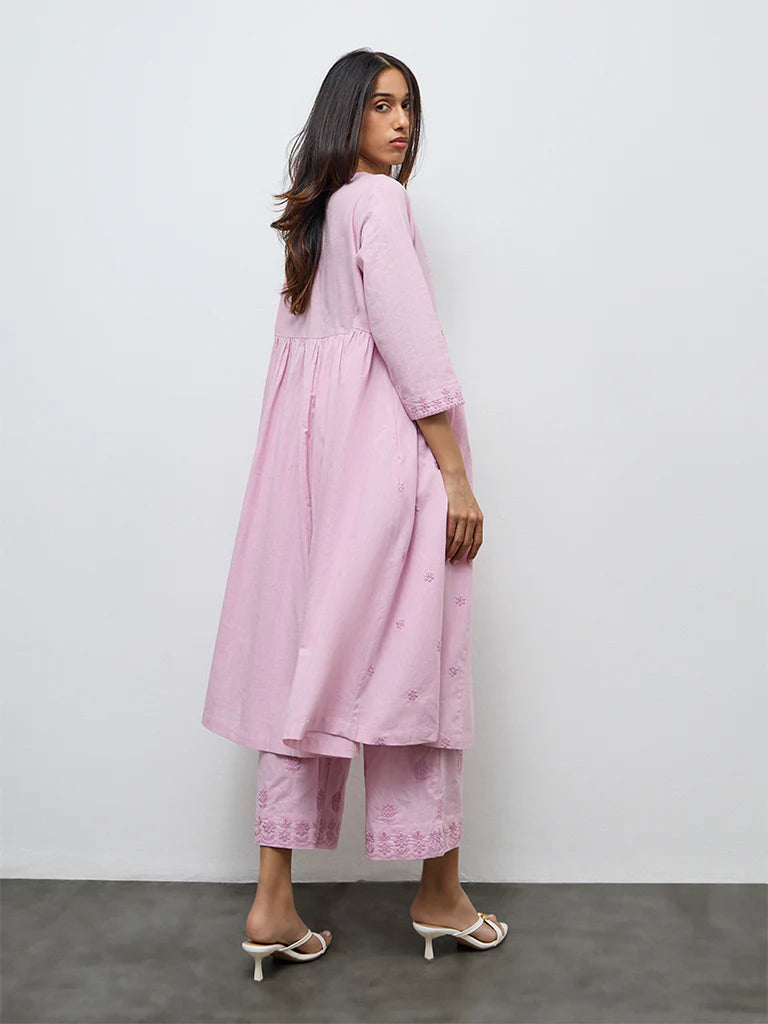 Utsa Pink Floral Embroidered Cotton A-Line Kurta