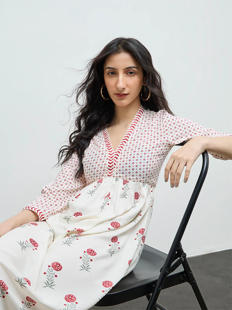 Bombay Paisley Off-White Floral Empire-Line Dress