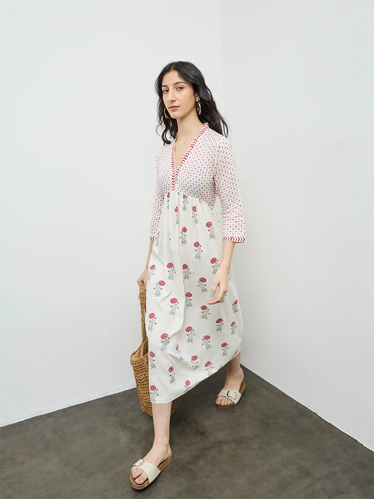 Bombay Paisley Off-White Floral Empire-Line Dress