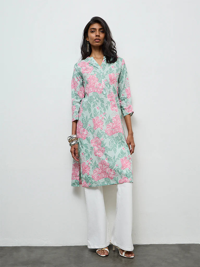 Utsa Mint Floral Printed Cotton Straight Kurta