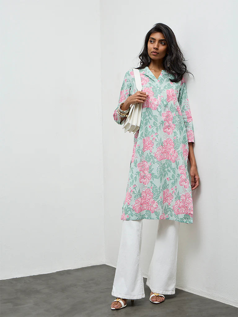 Utsa Mint Floral Printed Cotton Straight Kurta
