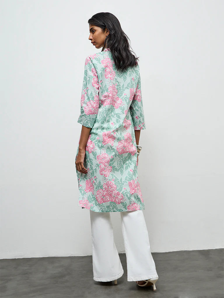 Utsa Mint Floral Printed Cotton Straight Kurta