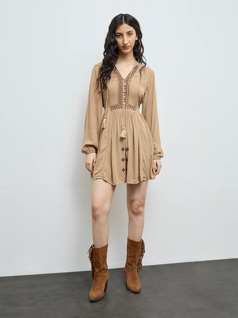 Bombay Paisley Brown Embroidered A-Line Dress