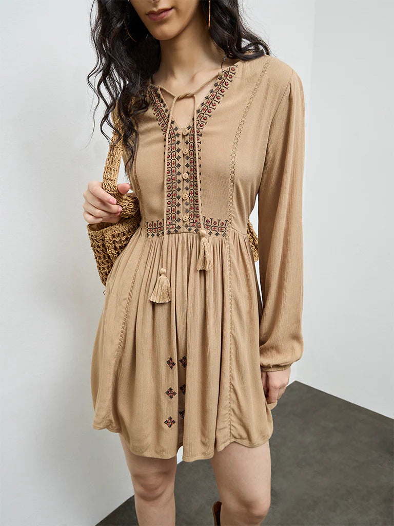 Bombay Paisley Brown Embroidered A-Line Dress