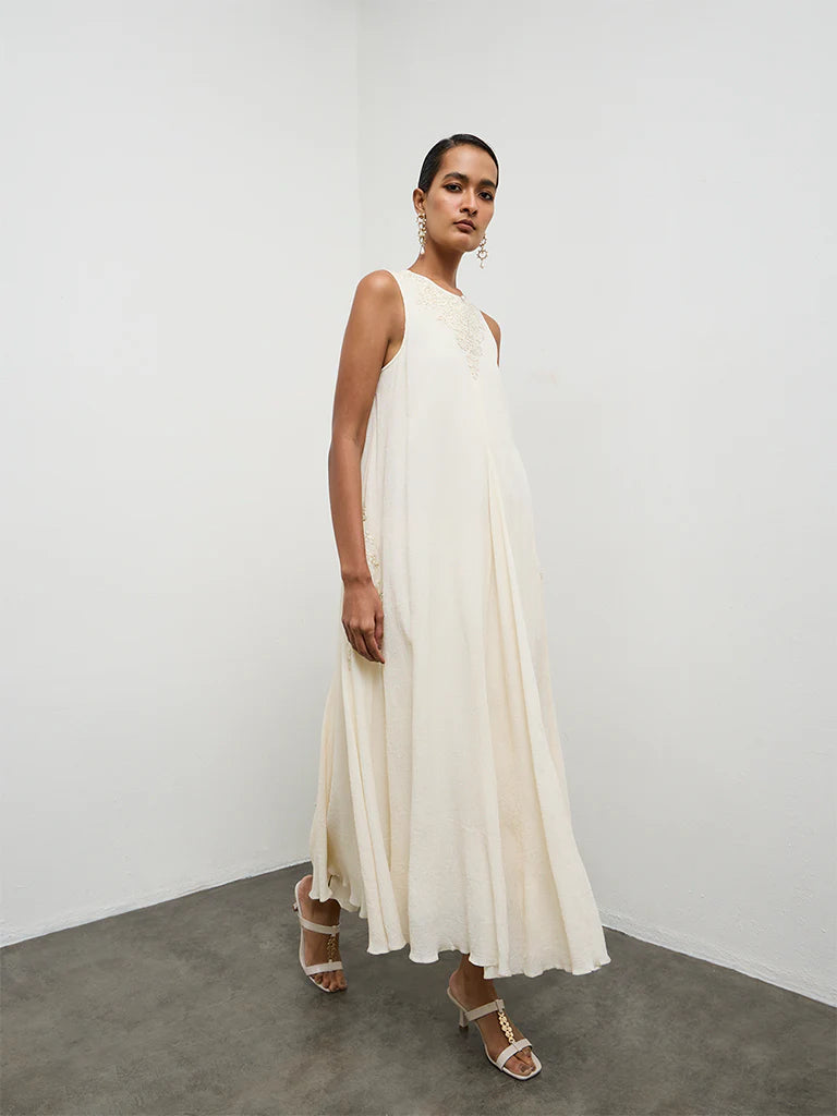 Vark Off-White Embroidered A-Line Dress