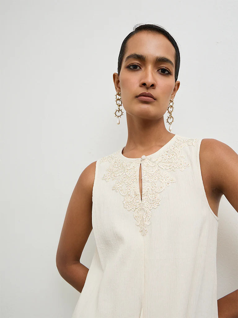 Vark Off-White Embroidered A-Line Dress