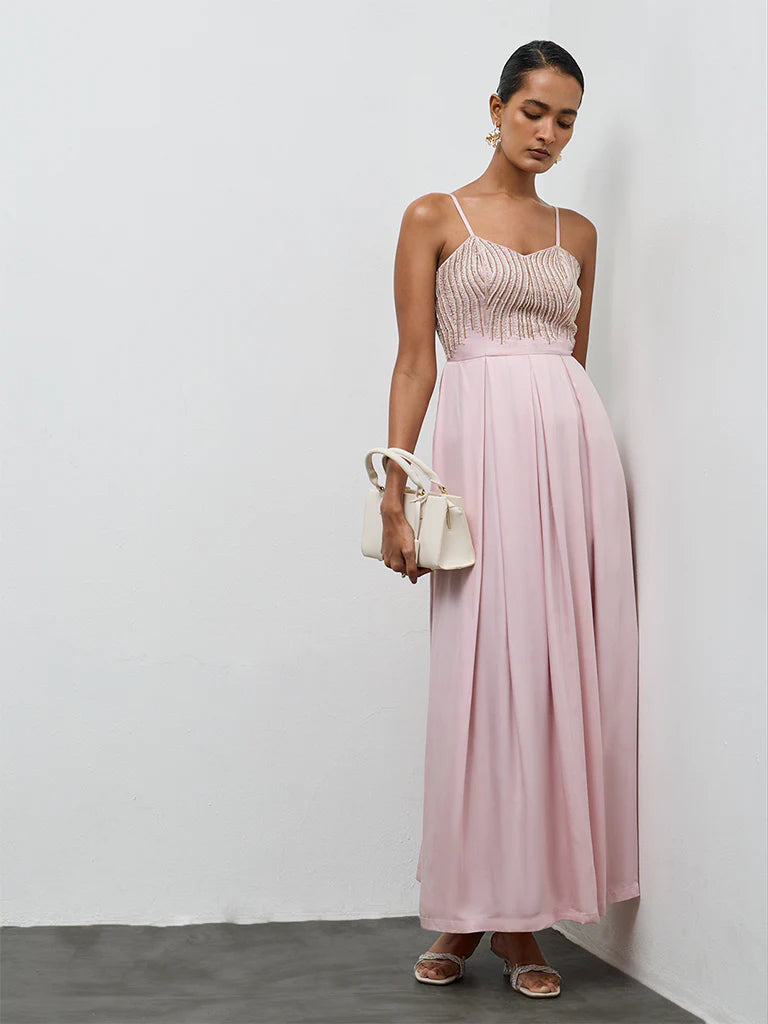 Vark Light Pink Embellished Empire A-Line Dress