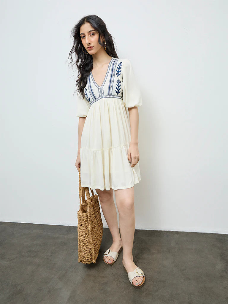 Bombay Paisley Cream Floral Embroidered Tiered Dress