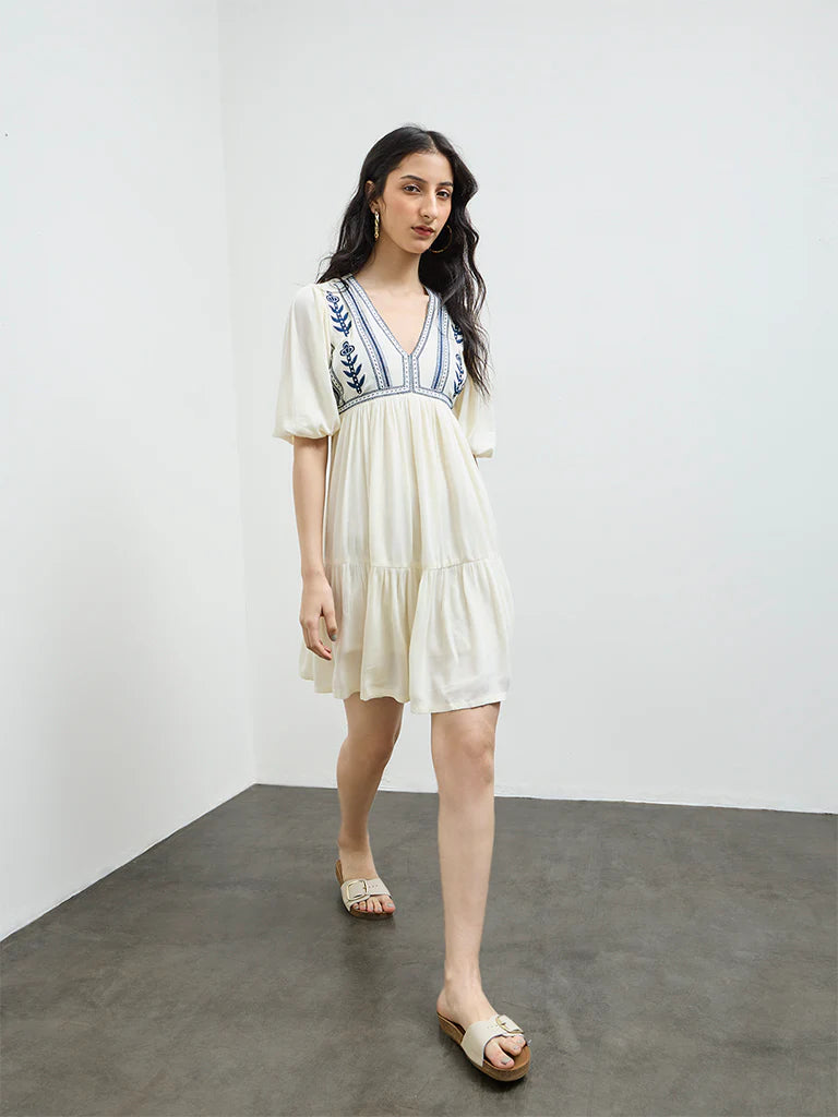 Bombay Paisley Cream Floral Embroidered Tiered Dress