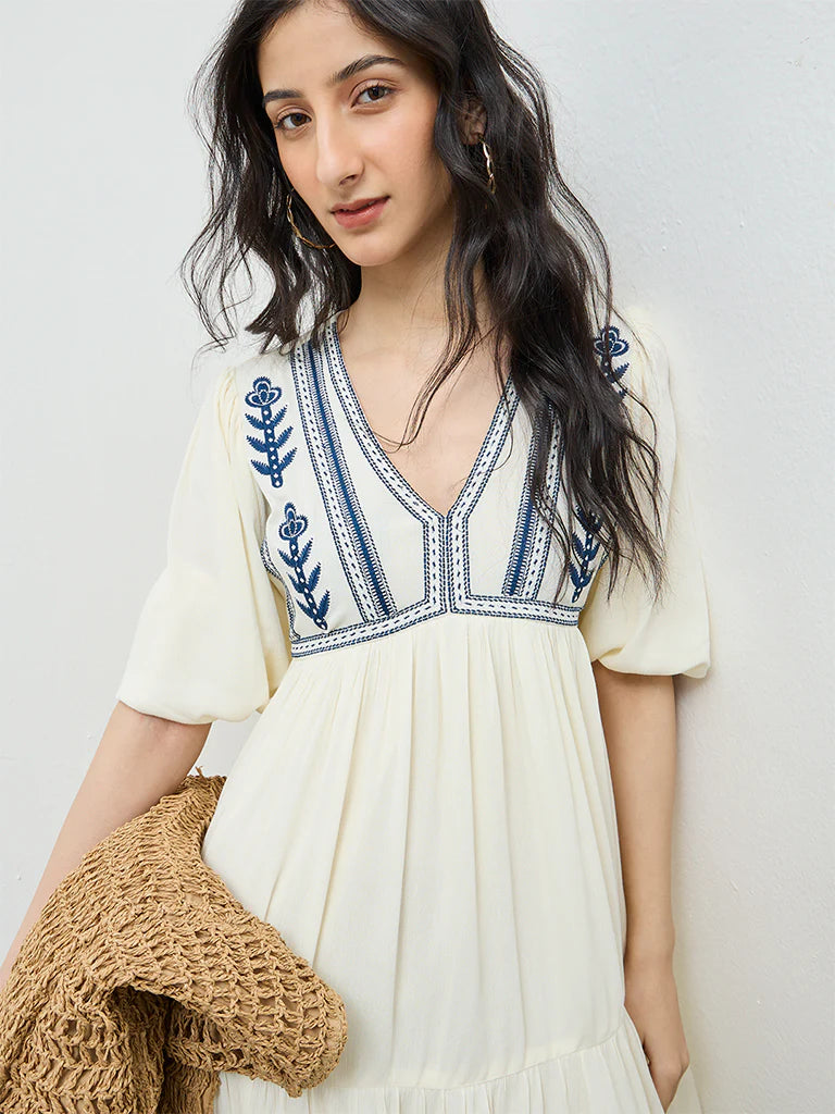 Bombay Paisley Cream Floral Embroidered Tiered Dress