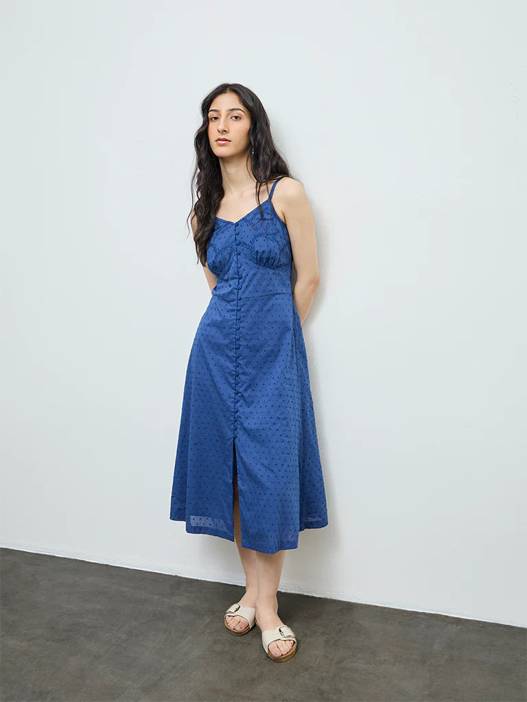 Bombay Paisley Indigo Embroidered Cotton A-Line Dress