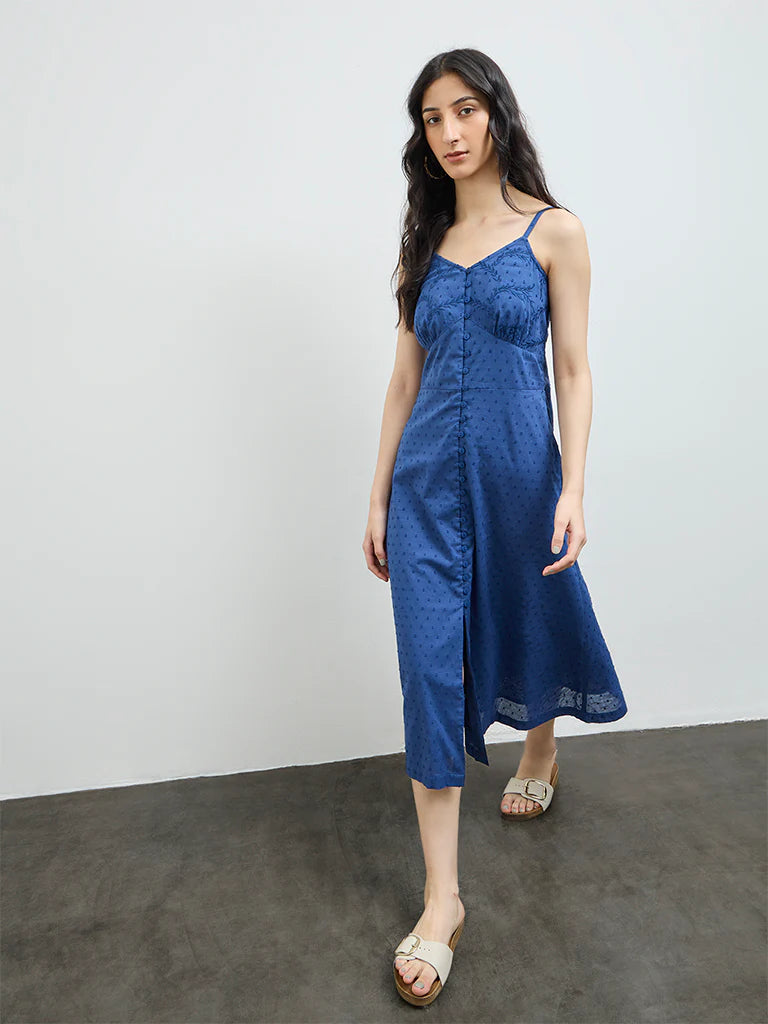 Bombay Paisley Indigo Embroidered Cotton A-Line Dress