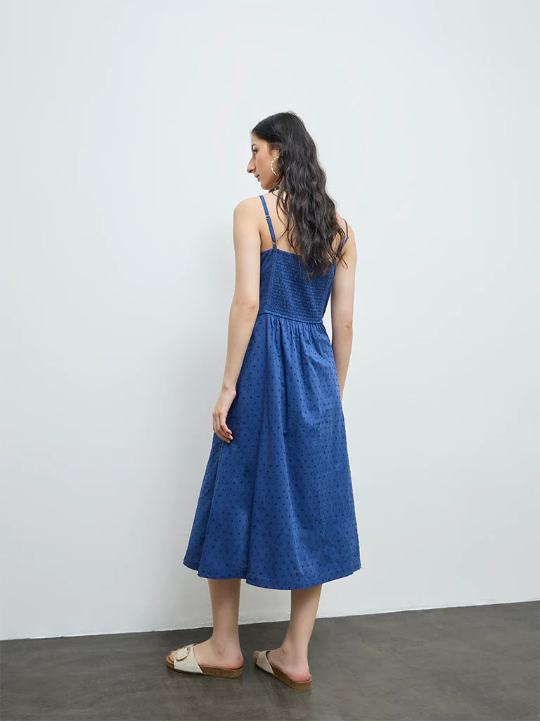 Bombay Paisley Indigo Embroidered Cotton A-Line Dress