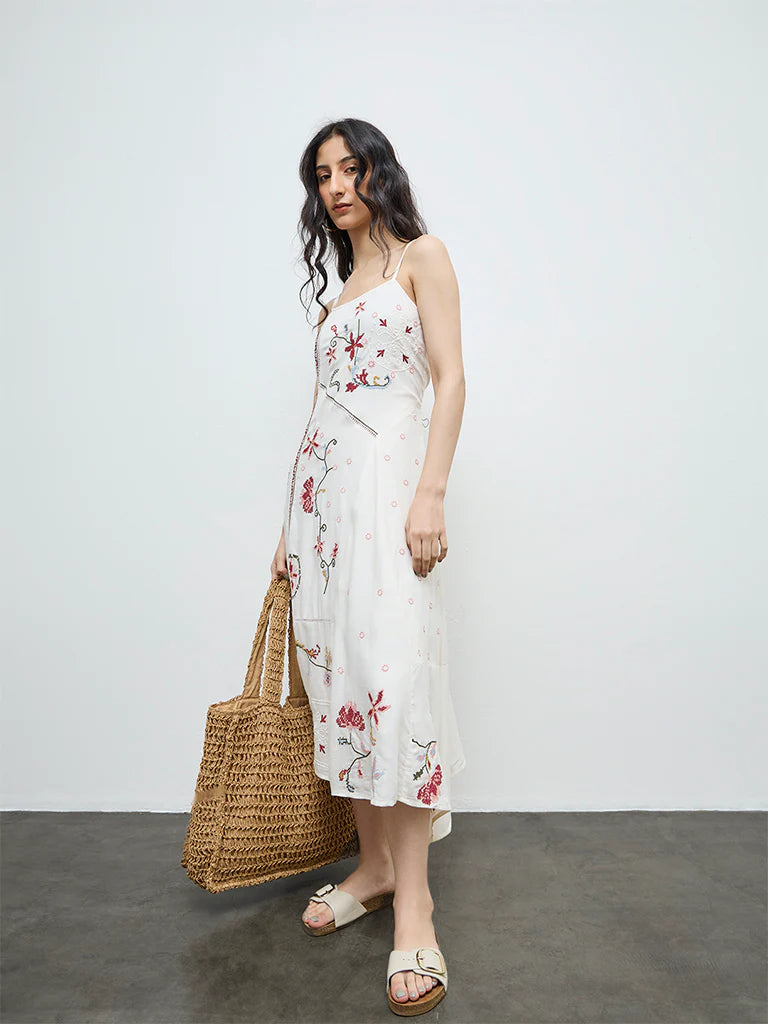 Bombay Paisley Off-White Floral Embroidered A-Line Dress