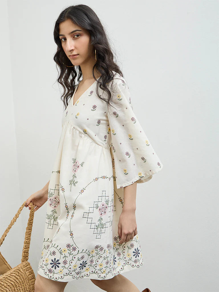 Bombay Paisley Off-White Floral Cotton-Blend A-Line Dress