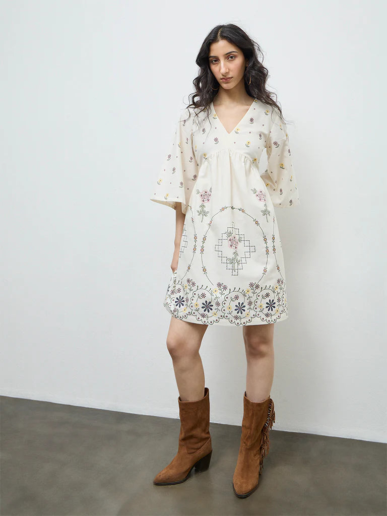 Bombay Paisley Off-White Floral Cotton-Blend A-Line Dress