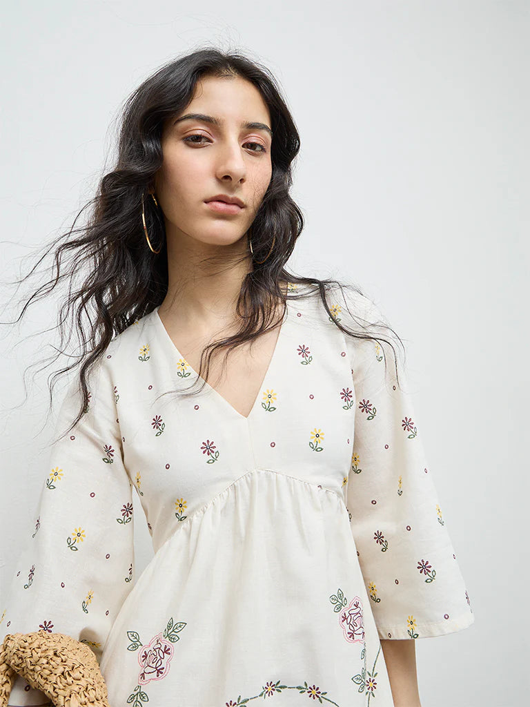 Bombay Paisley Off-White Floral Cotton-Blend A-Line Dress