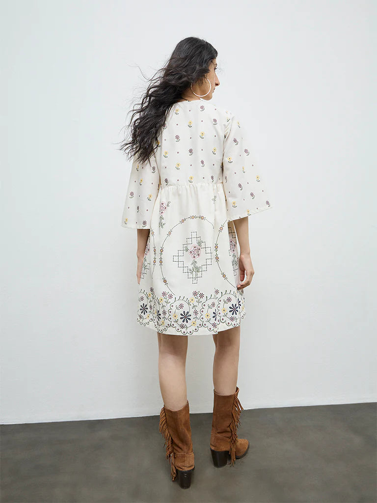 Bombay Paisley Off-White Floral Cotton-Blend A-Line Dress