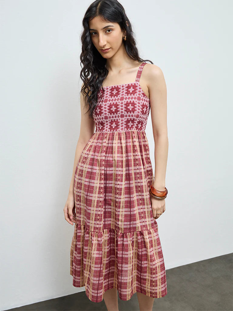 Bombay Paisley Dusty Pink Embroidered Cotton Tiered Dress