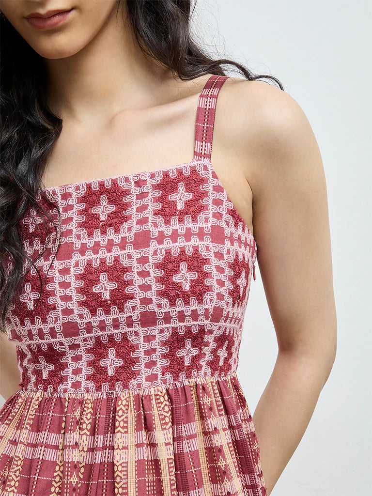 Bombay Paisley Dusty Pink Embroidered Cotton Tiered Dress