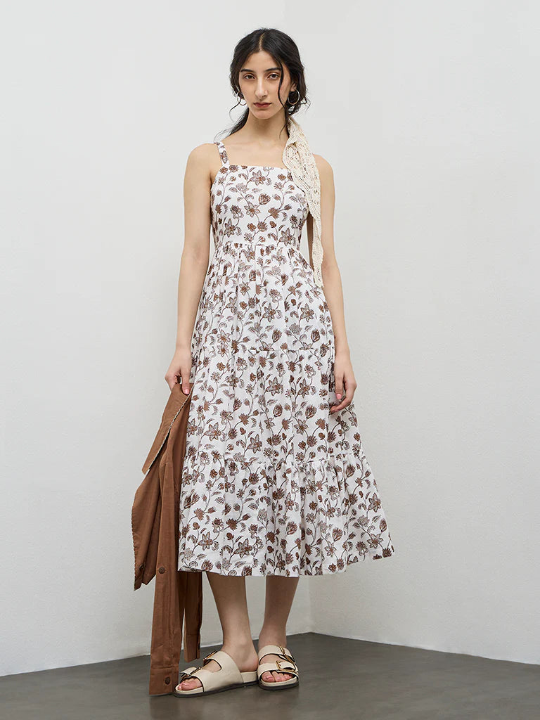Bombay Paisley Brown Floral Cotton Tiered Dress with Jacket