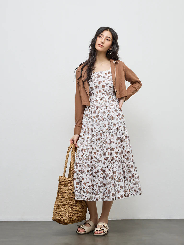 Bombay Paisley Brown Floral Cotton Tiered Dress with Jacket
