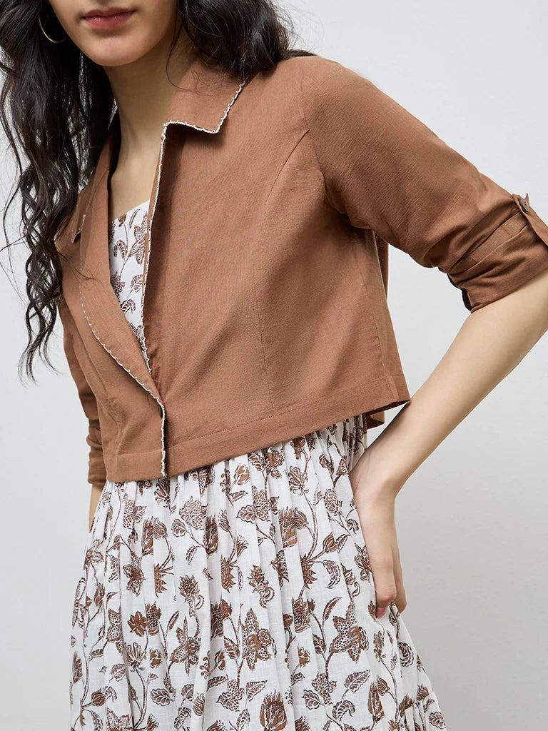 Bombay Paisley Brown Floral Cotton Tiered Dress with Jacket