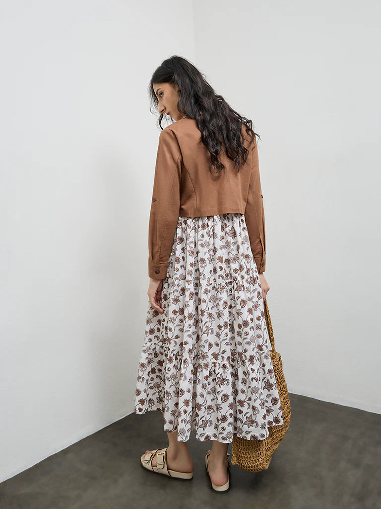 Bombay Paisley Brown Floral Cotton Tiered Dress with Jacket