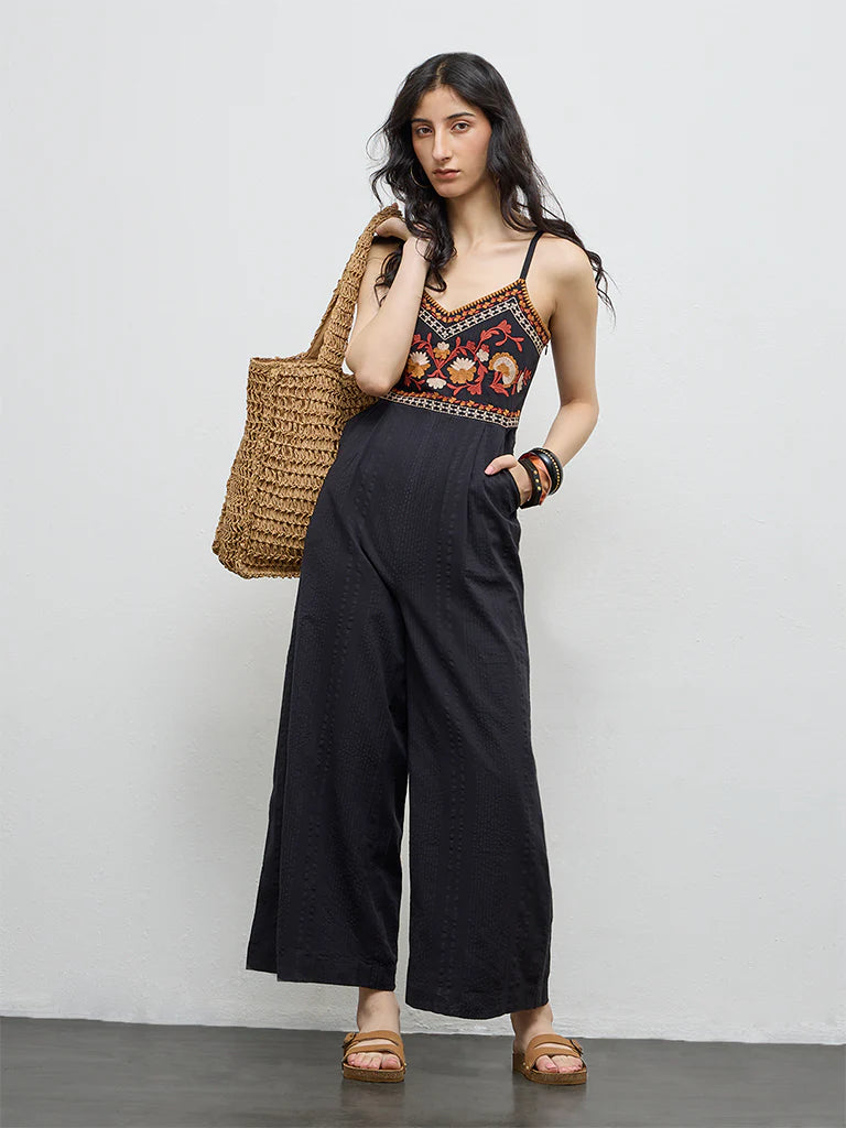 Black Floral Embroidered Cotton Jumpsuit