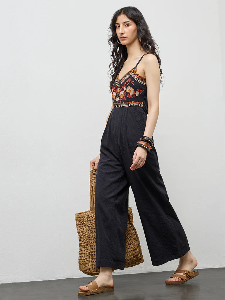 Black Floral Embroidered Cotton Jumpsuit