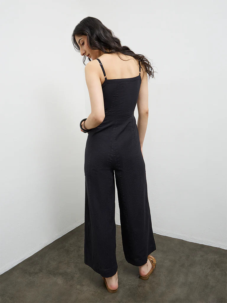 Black Floral Embroidered Cotton Jumpsuit