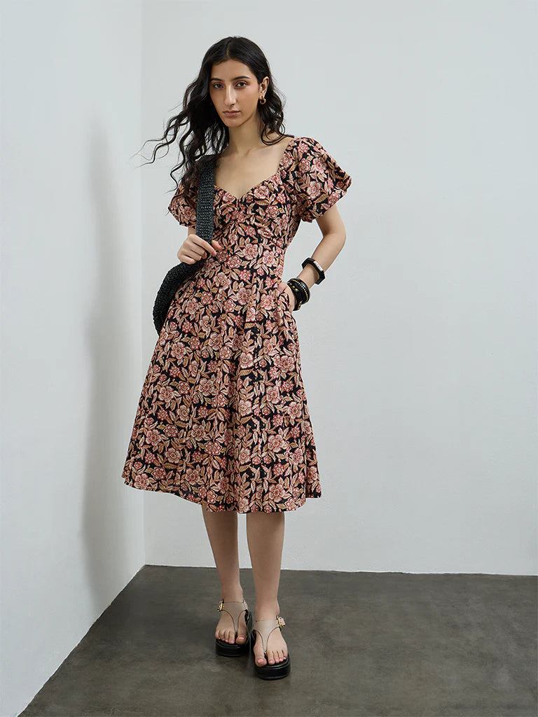 Bombay Paisley Black Floral Design Cotton A-Line Dress
