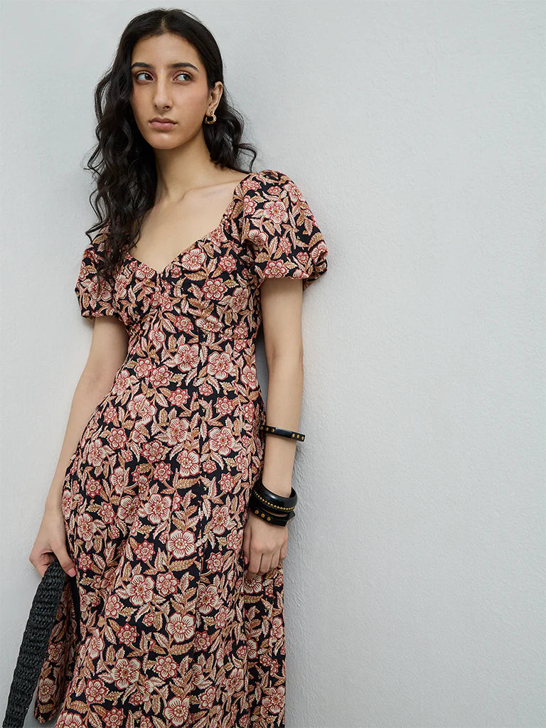 Bombay Paisley Black Floral Design Cotton A-Line Dress