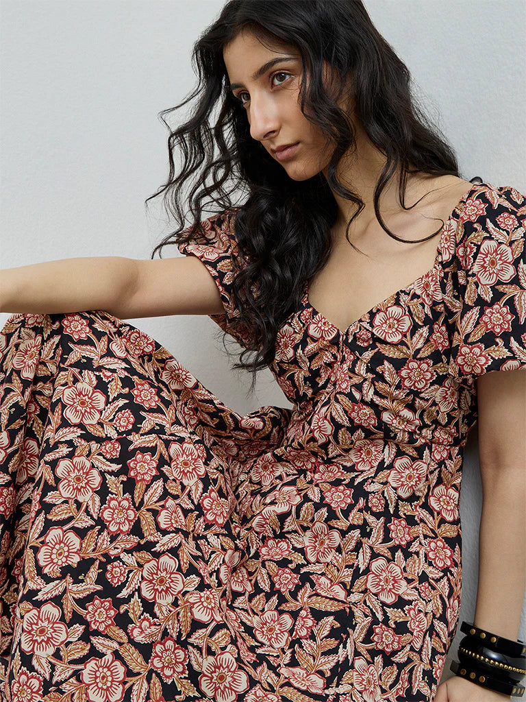 Bombay Paisley Black Floral Design Cotton A-Line Dress