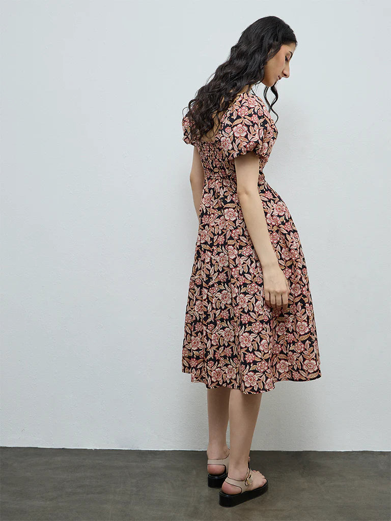 Bombay Paisley Black Floral Design Cotton A-Line Dress